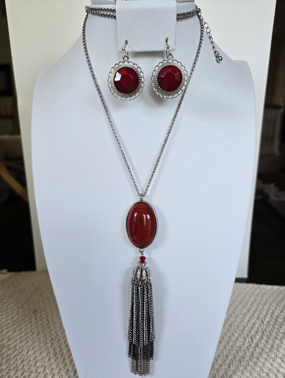 N-125-Silver-Tone Red Tassel Pendant Necklace & Earrings Set